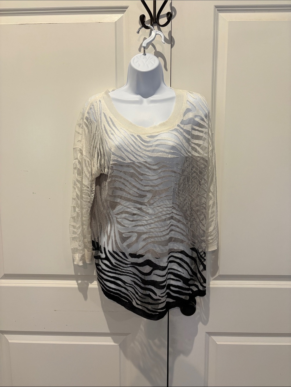 Fever White Cream and Black Sheer Zebra-Print Top